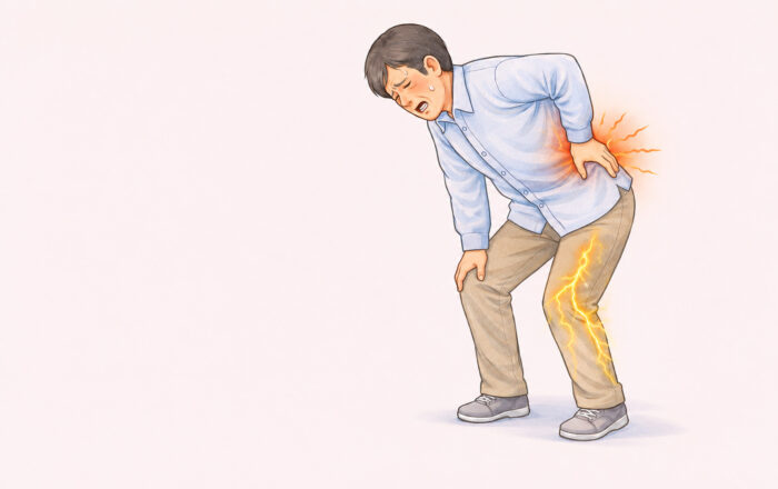 腰椎椎間板ヘルニアによる腰から脚にかけての痛みとしびれを示すイラスト｜自由が丘くびと腰の整形外科関節のクリニック